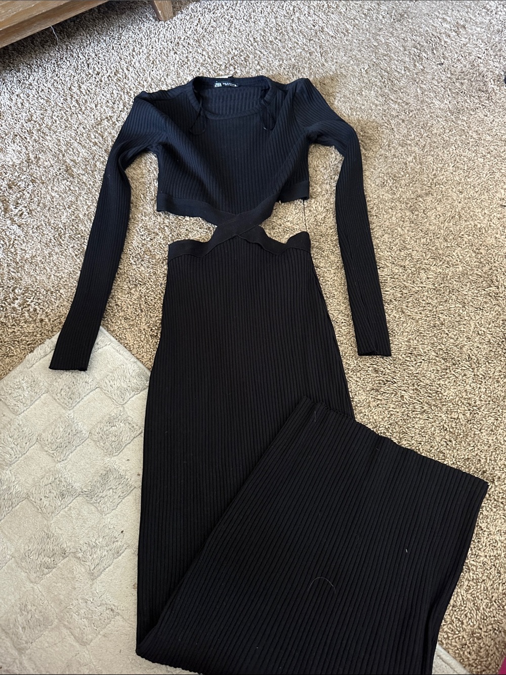 Zara Black Ribbed Cutout Two-Piece Maxi Set